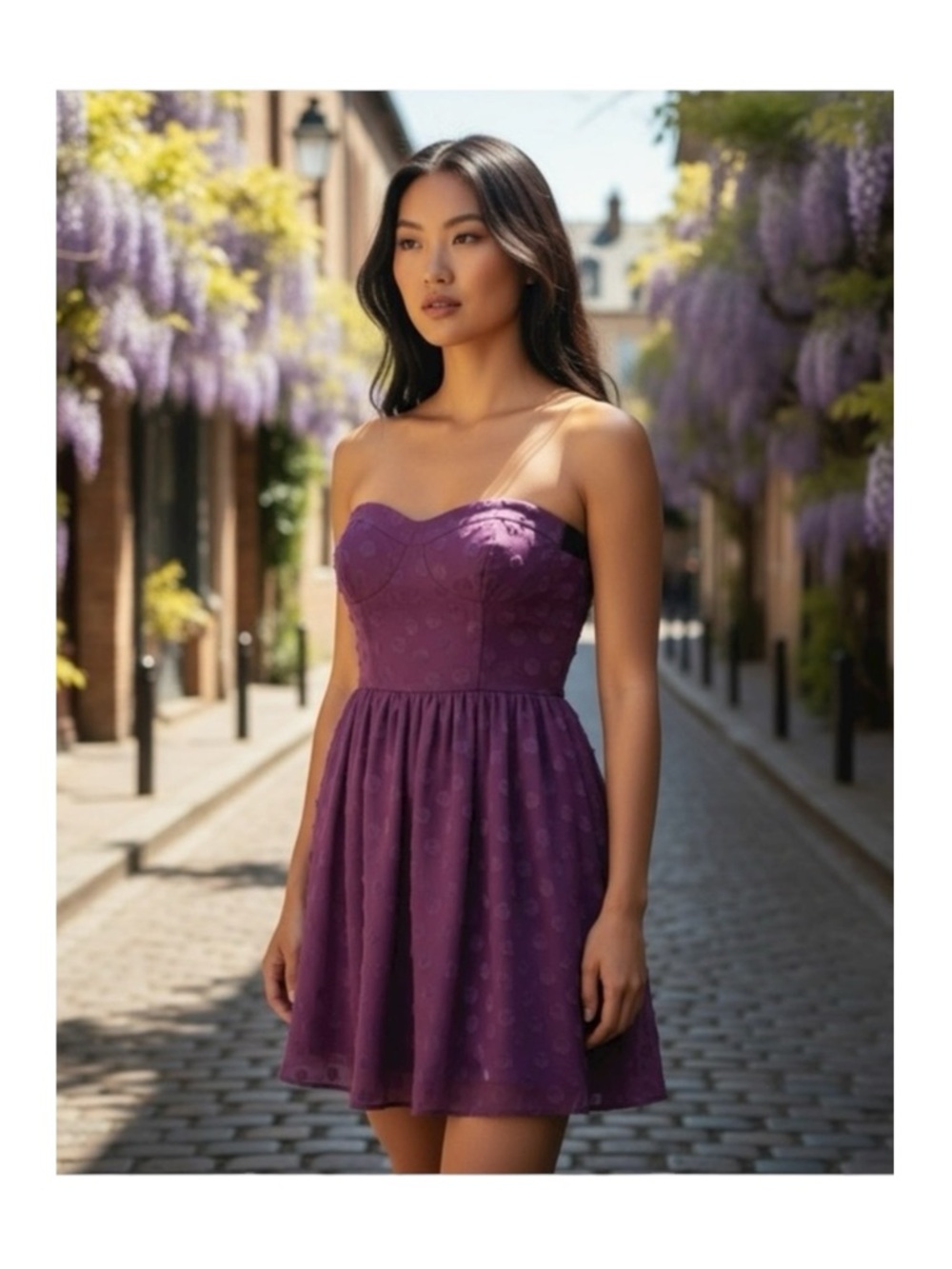 new Guess 𖦹 Chiffon Strapless Polka Dot Cocktail Dress 𖦹 Amethyst Purple 𖦹 4